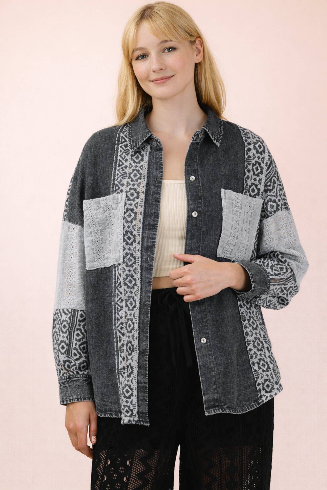 VERY J - NT12456-Oversized Washed Denim Shirt Top W/ Cont Fabric