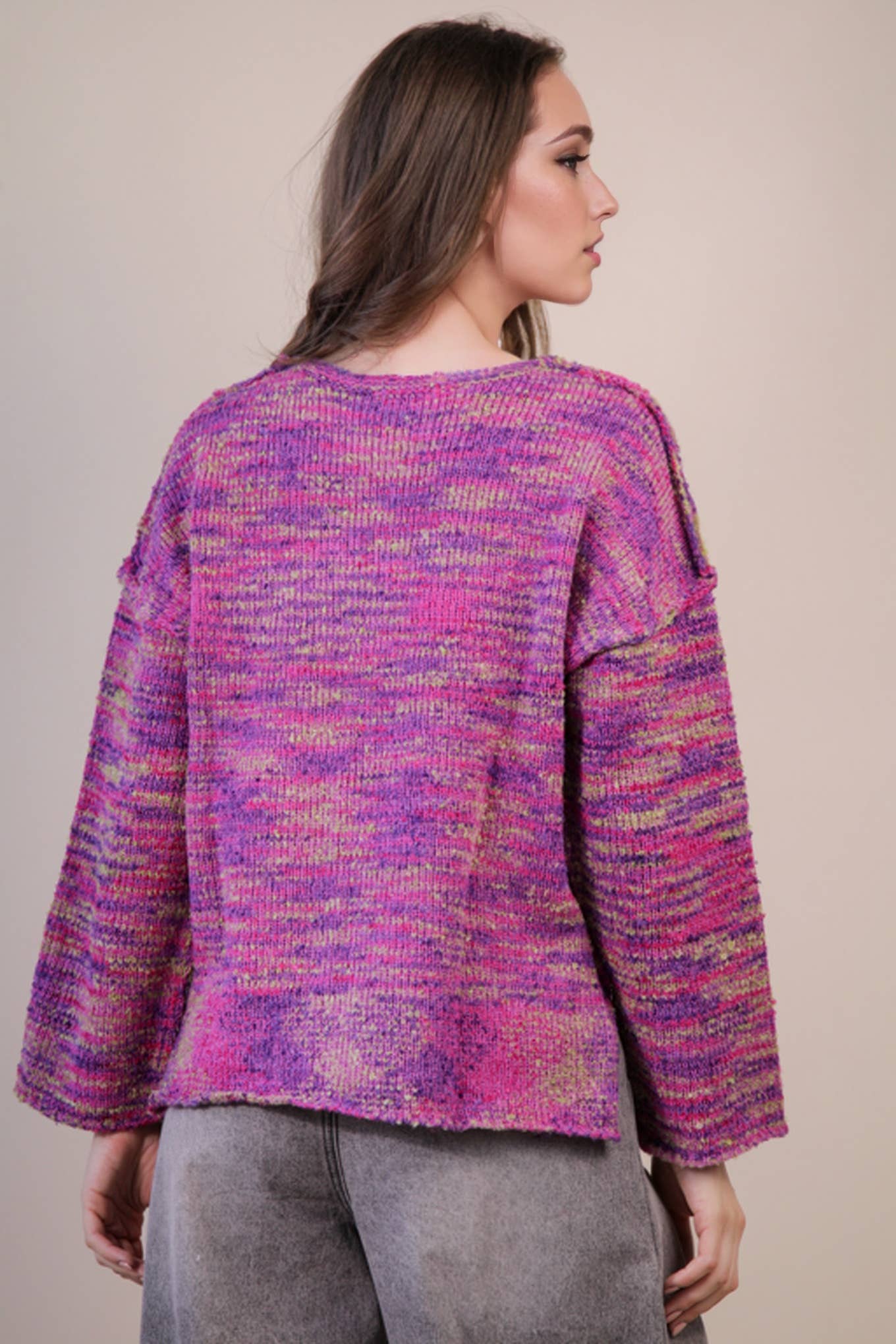 VERY J - 12W3270N-Oversized Casual Multi Color Knit Sweater Top