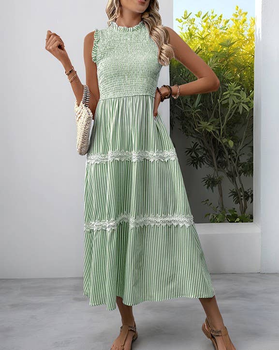 Rosa Clothing - Fashion Ruffled Round Neck Striped Lace Dress