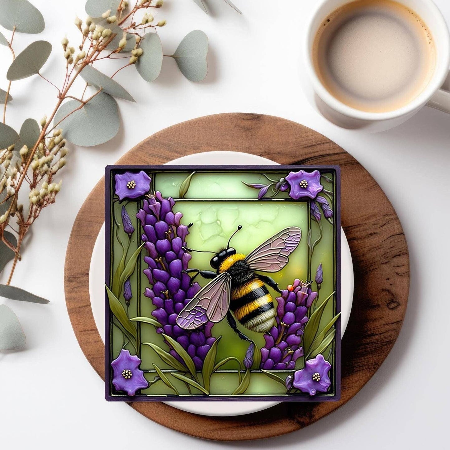 Fernville Creations - Bee & Lavender Ceramic Coaster with Cork Back for Home Decor