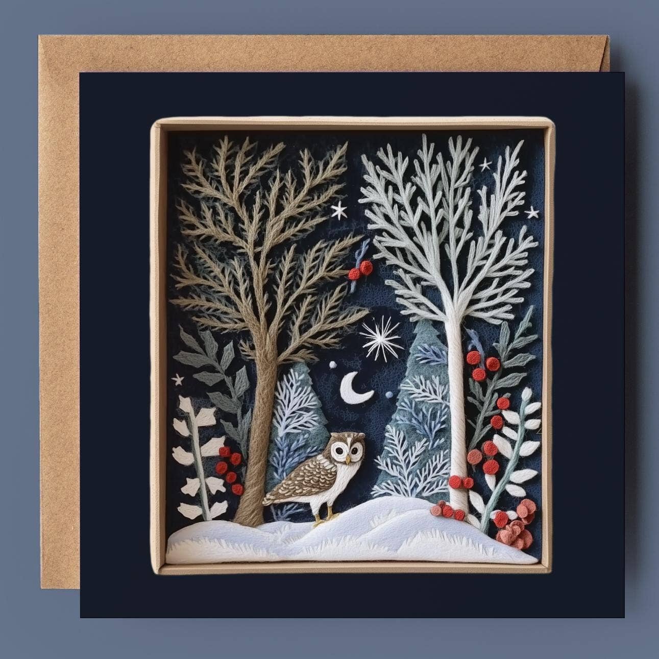 Good Post Day - Winter Moon Owl 2D Printed Shadow Box Card