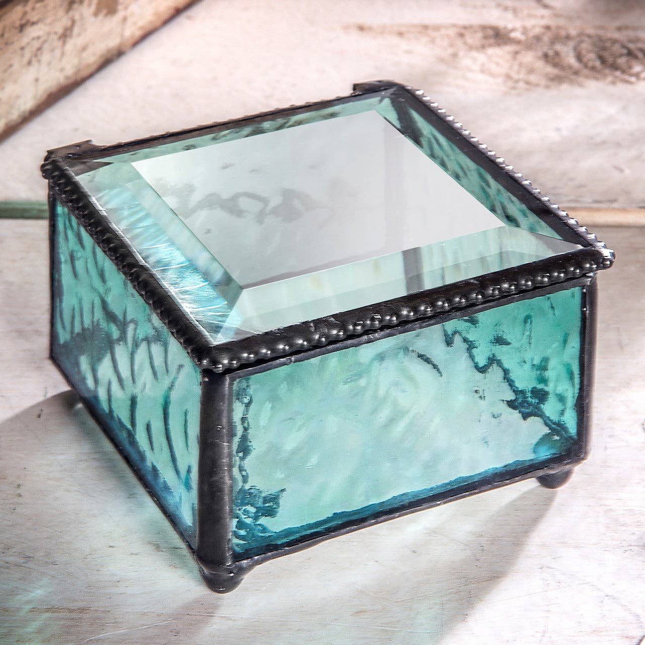 J Devlin Glass Art & Bert Anderson Collection - Turquoise Glass Jewelry Box with Beveled Lid | J Devlin
