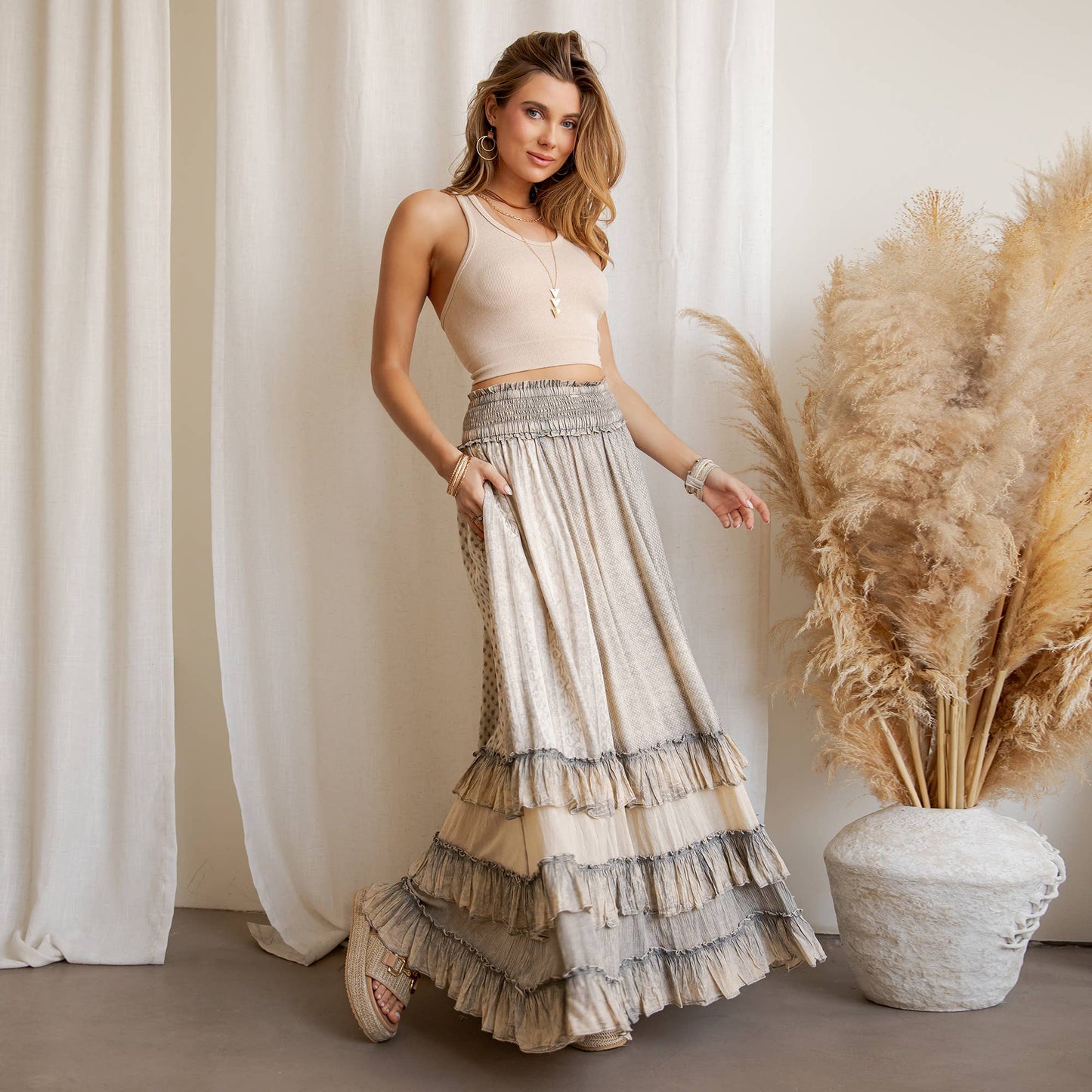Young Threads - Rustic Textured Smocked Waist Ruffled Tiered Maxi Skirt