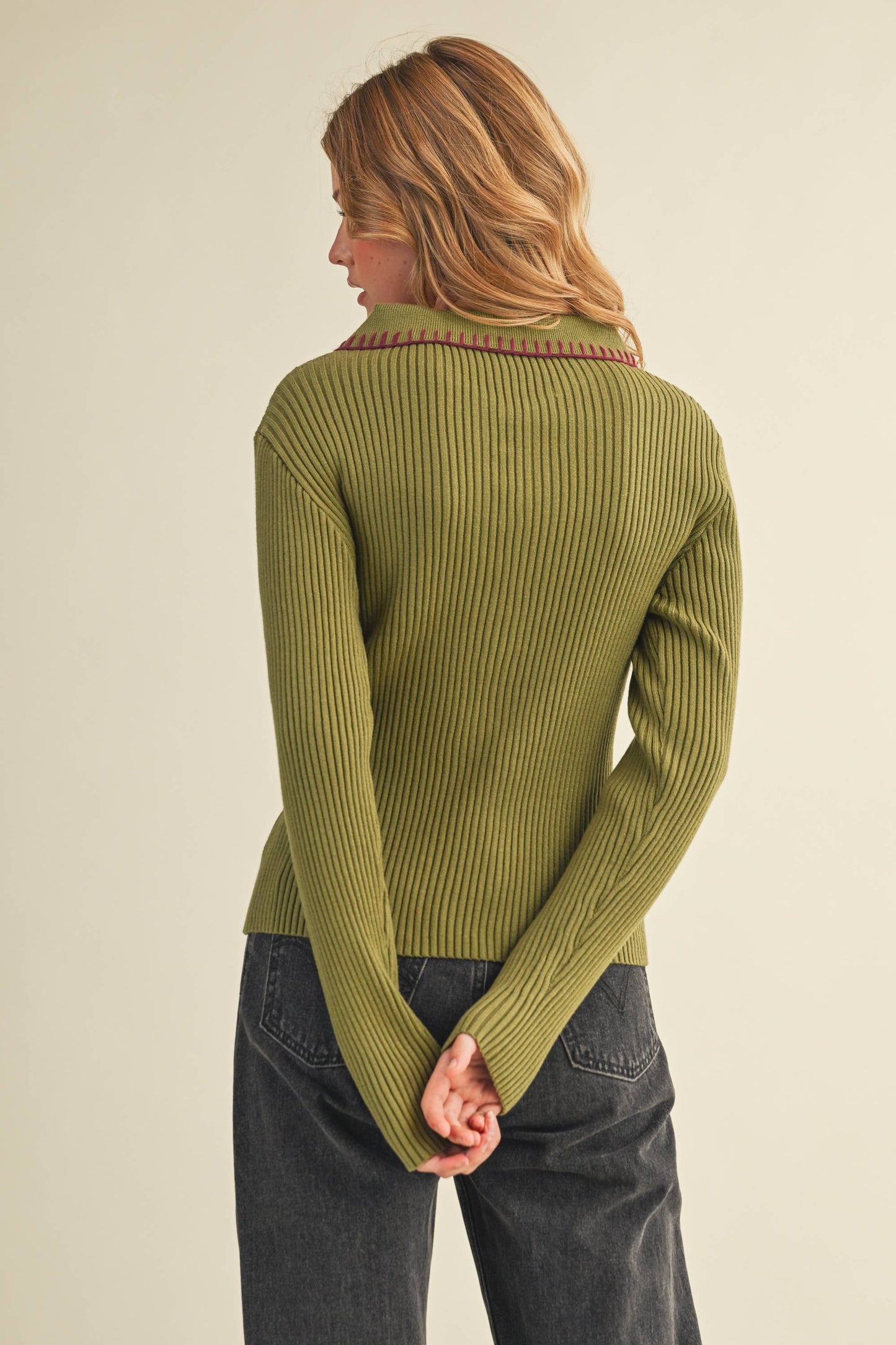 &MERCI - COLLARED RIBBED SWEATER WITH CONTRAST STITCH MSW11233