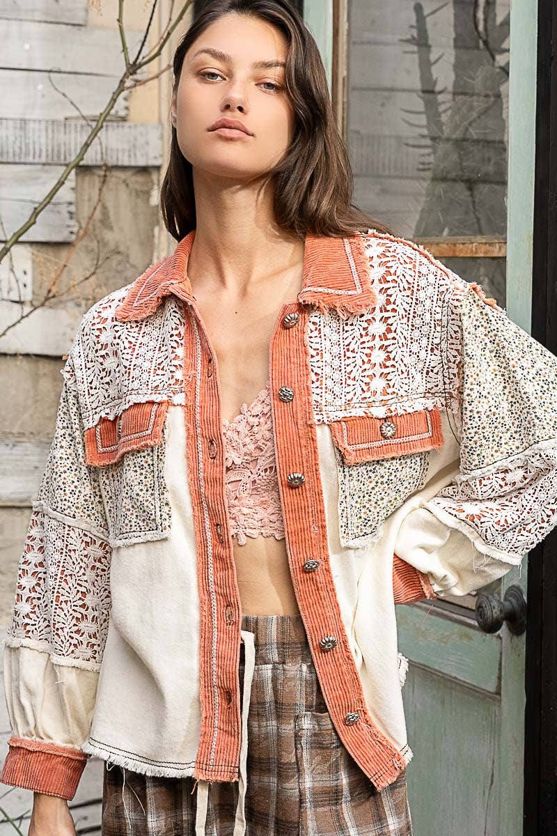 Pol Clothing - Vintage washed crochet contrast twill jacket