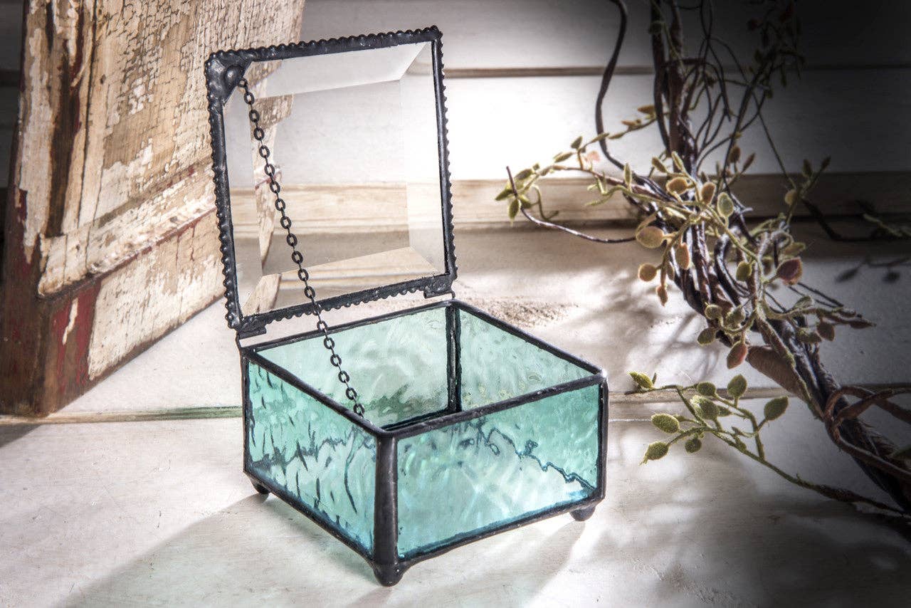 J Devlin Glass Art & Bert Anderson Collection - Turquoise Glass Jewelry Box with Beveled Lid | J Devlin