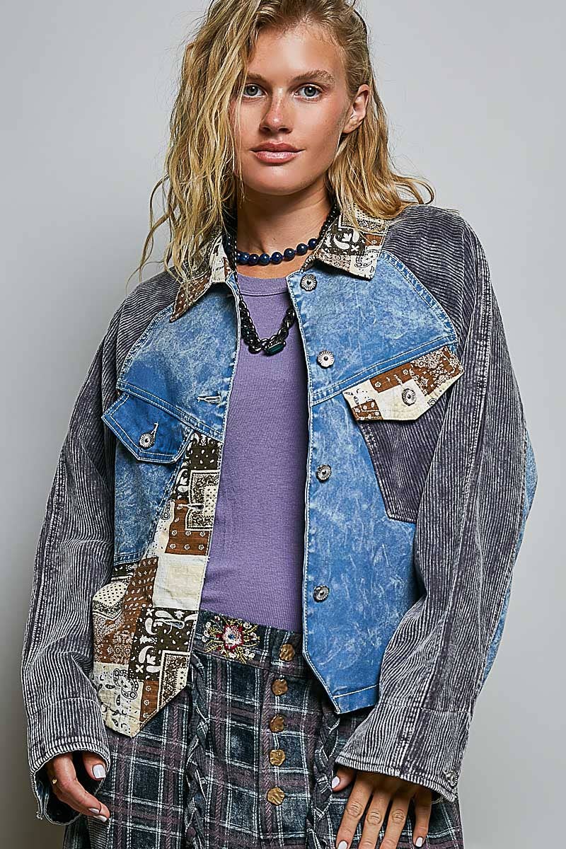 Pol Clothing - Soft Corduroy Sleeves Contrast Cropped Patchwork Jacket