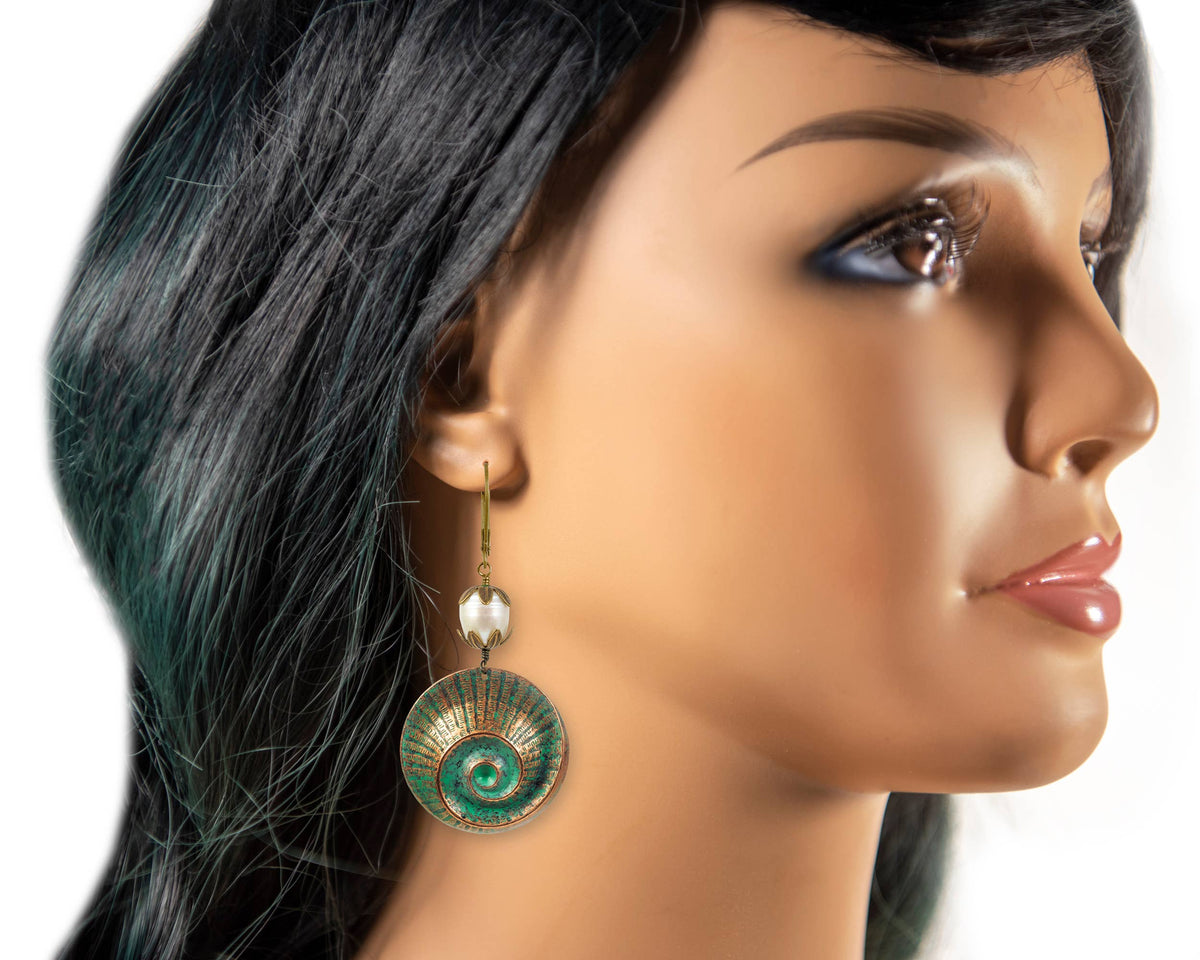 NoMonet - Tropical Vacation: Ammonite Spiral Shell and Pearl Earrings