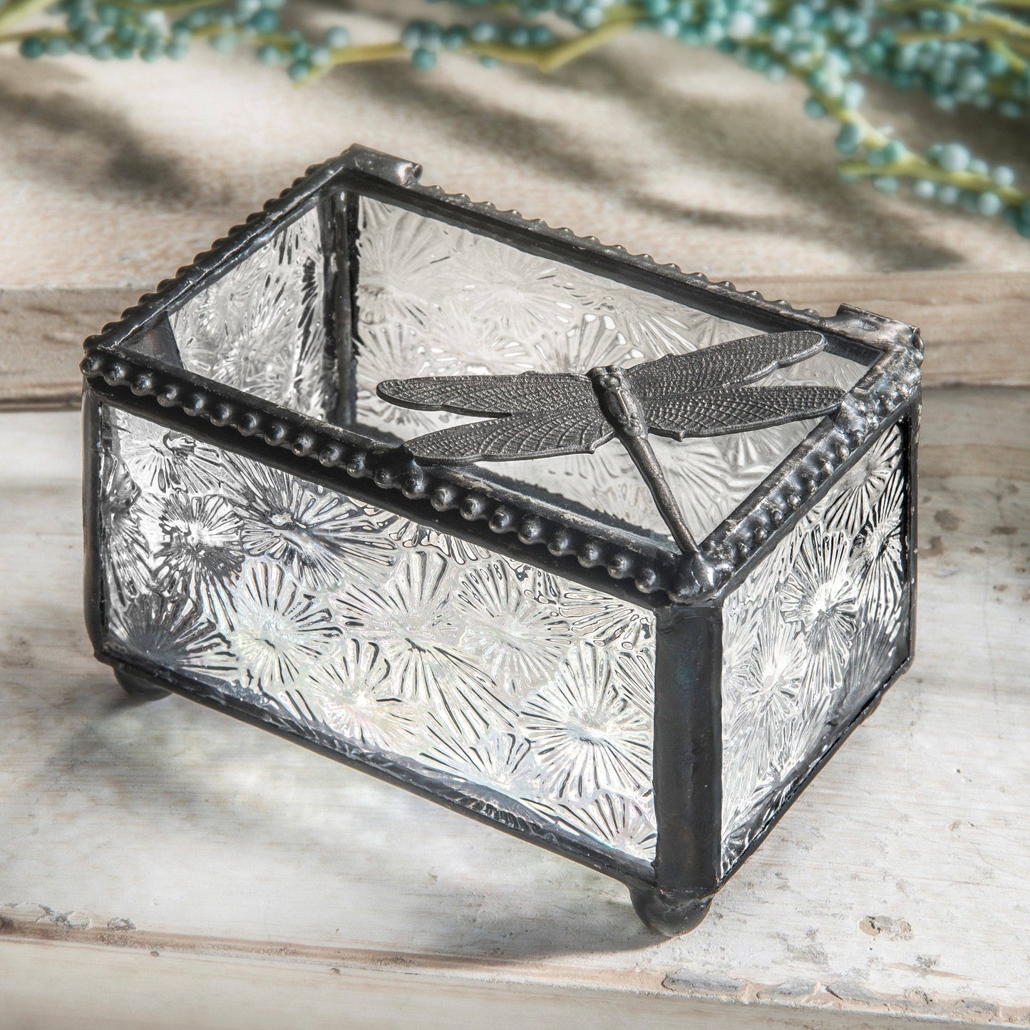 J Devlin Glass Art & Bert Anderson Collection - Art Glass Box with Dragonfly Filigree - Decorative Keepsake