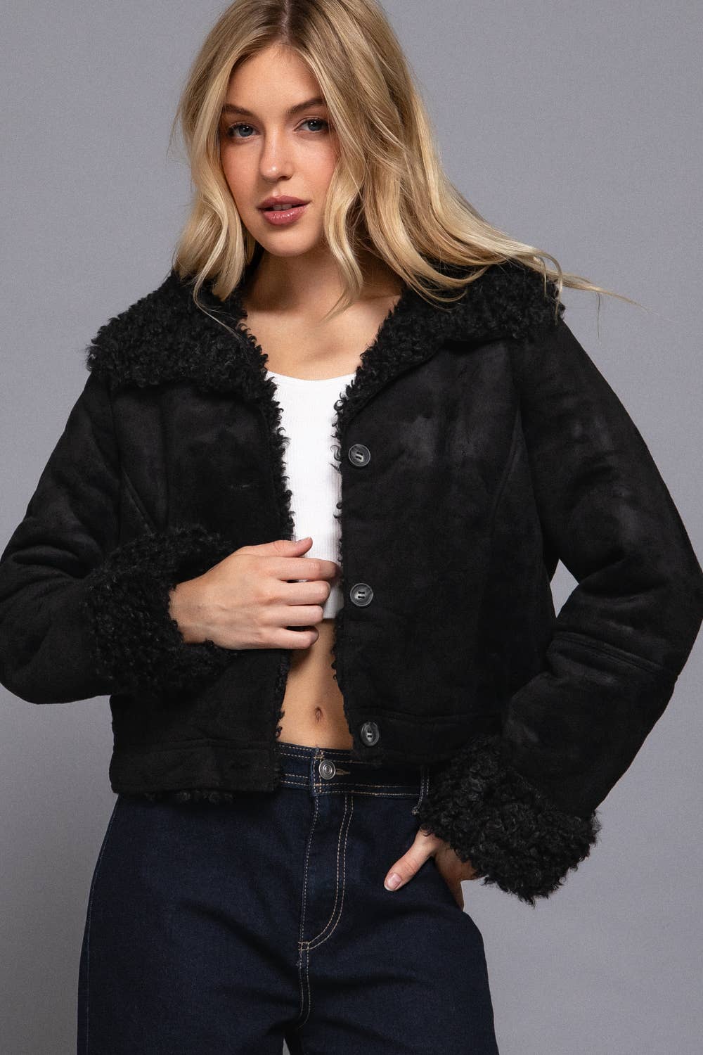 Active Basic | Active USA - Long Sleeve Inside Fur Detail Penny Lane Suede Short Jacket