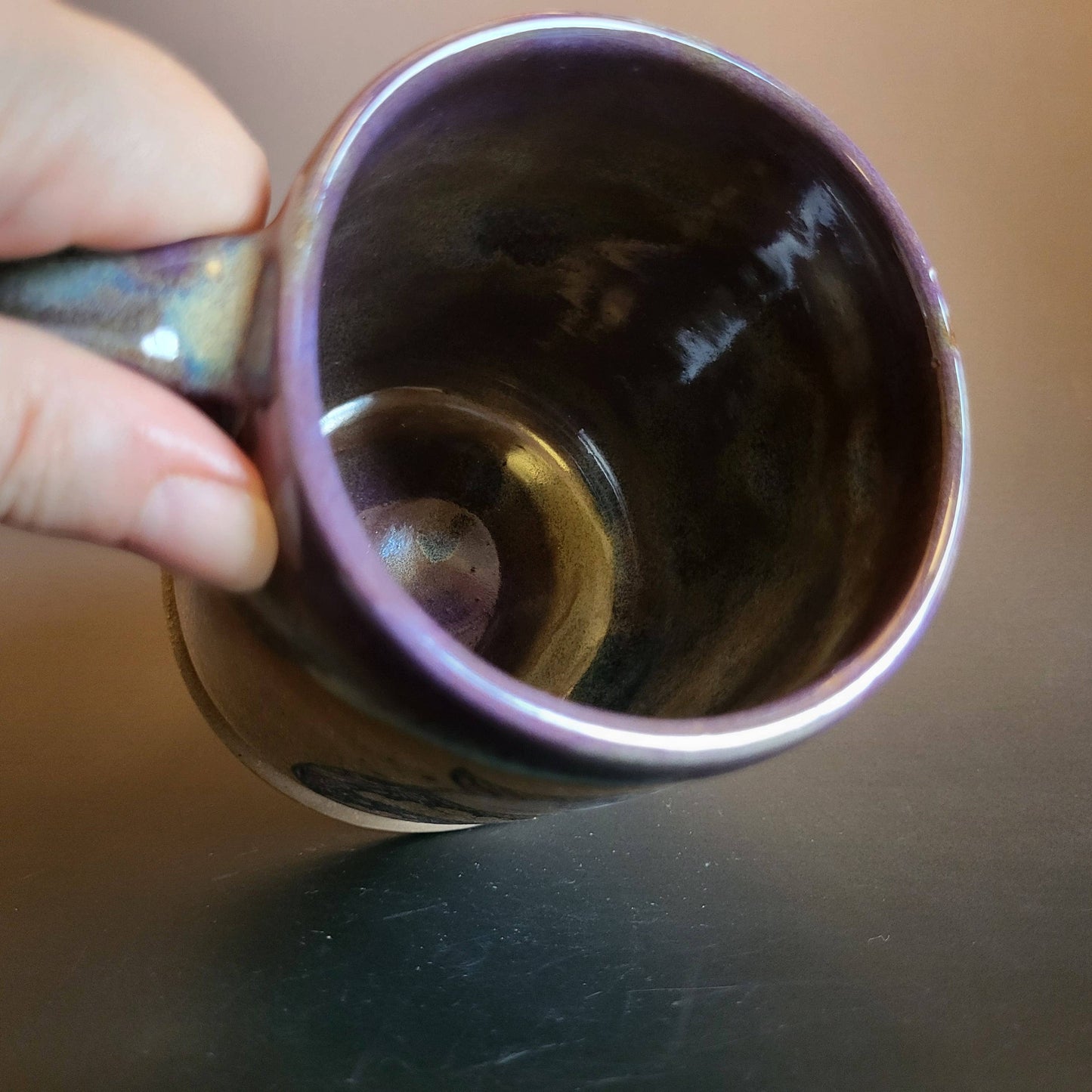 Divine Vessels Pottery - Owl Mug with Sleepy Owl Emblem Purple and Blue Glaze
