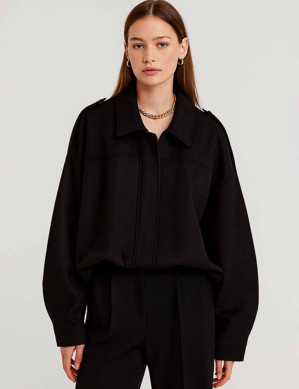 Sweetkama - Ladies Faux Suede Bomber Jacket Shirt Collar Zip-Up Coat