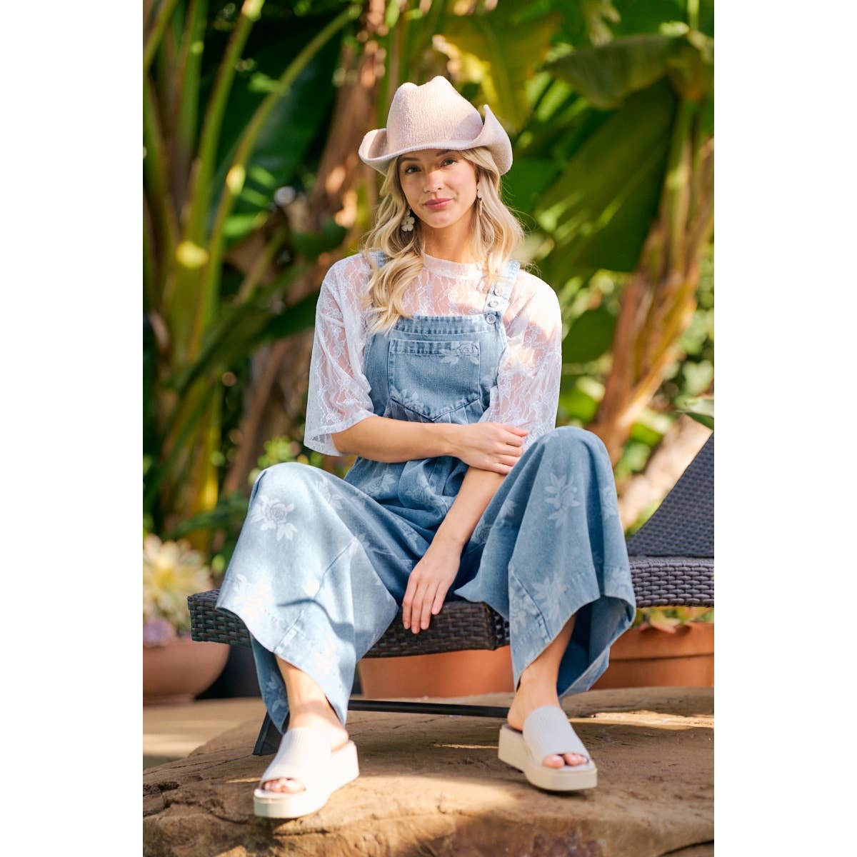 BiBi - ROSE PRINTED WASHED DENIM OVERALLS WITH PLEATS