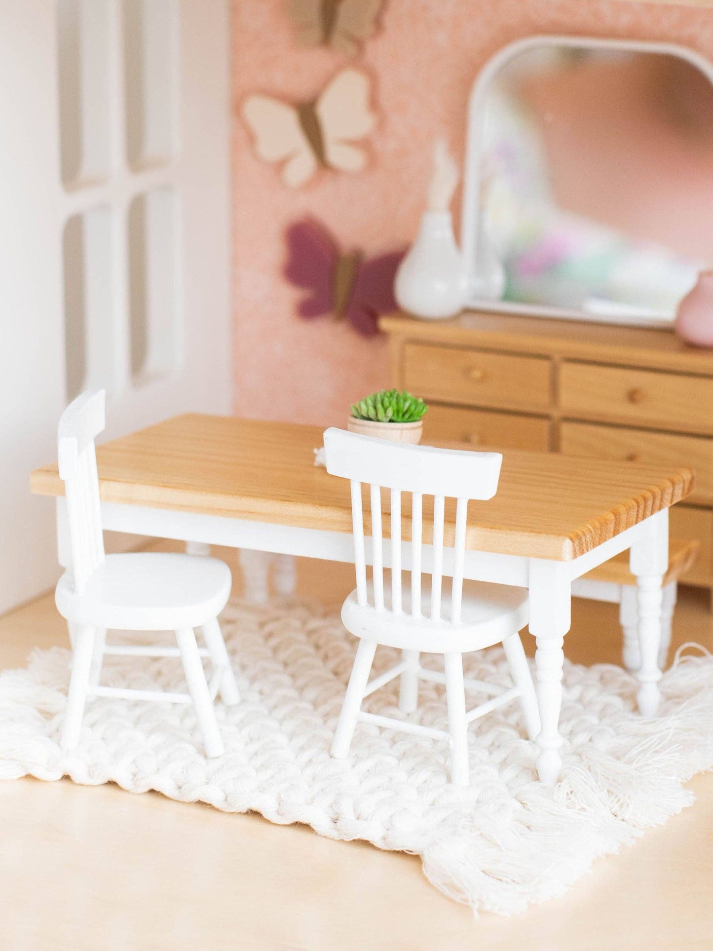 Macy Mae Dollhouse Designs - Dollhouse Farm Style Dining Table | Natural Wood & White