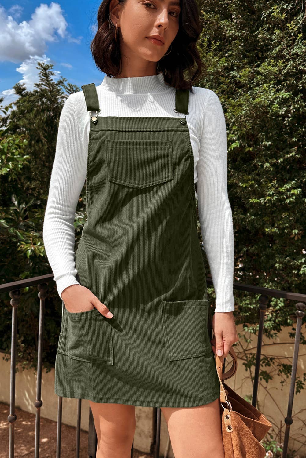 Solid Front Pockets Sleeveless Corduroy Overall Dress