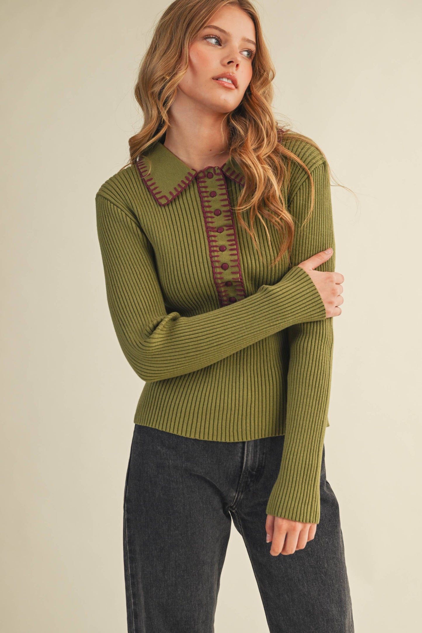 &MERCI - COLLARED RIBBED SWEATER WITH CONTRAST STITCH MSW11233