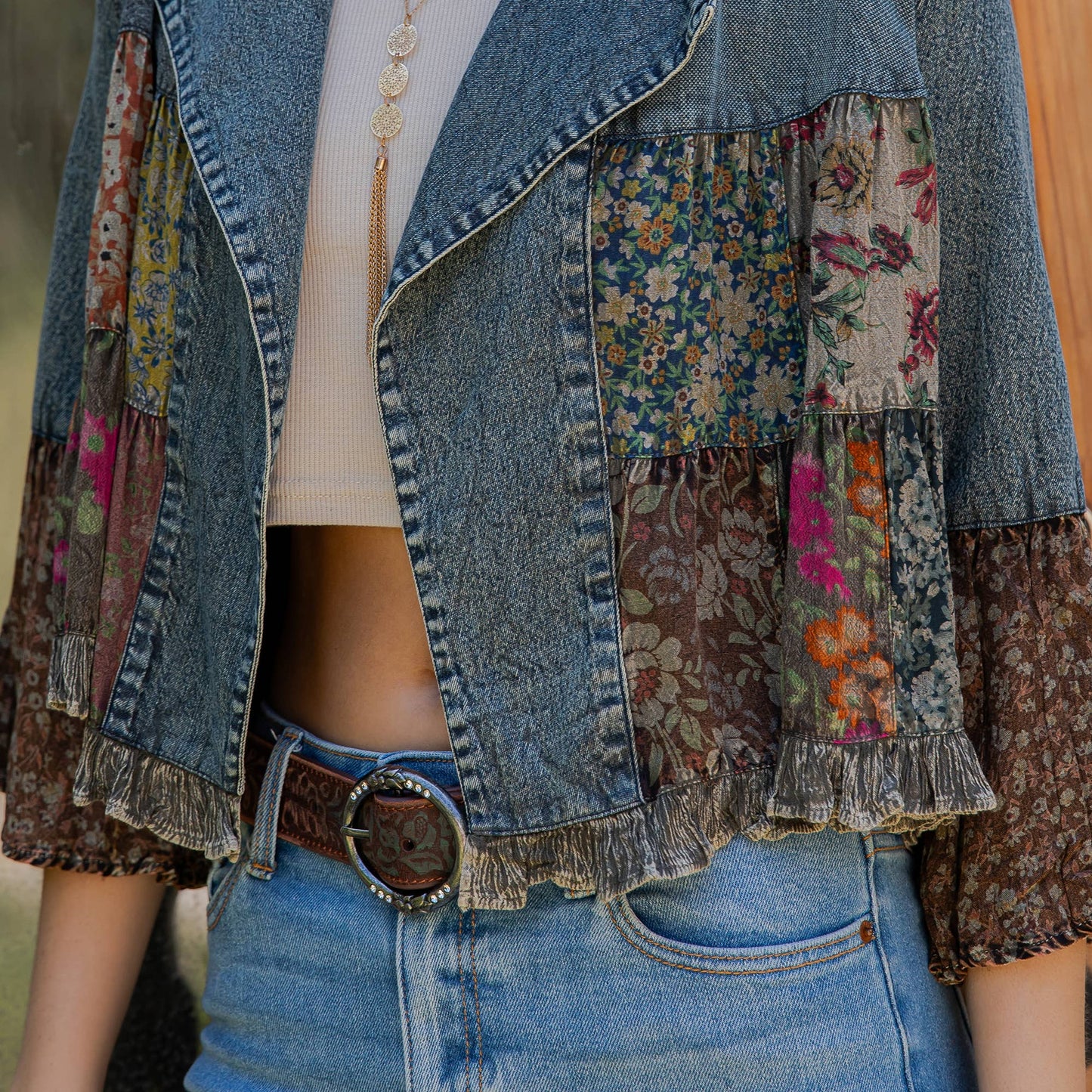 Young Threads - Lapel Detail Cropped Top with Handcrafted Boho Embroidery