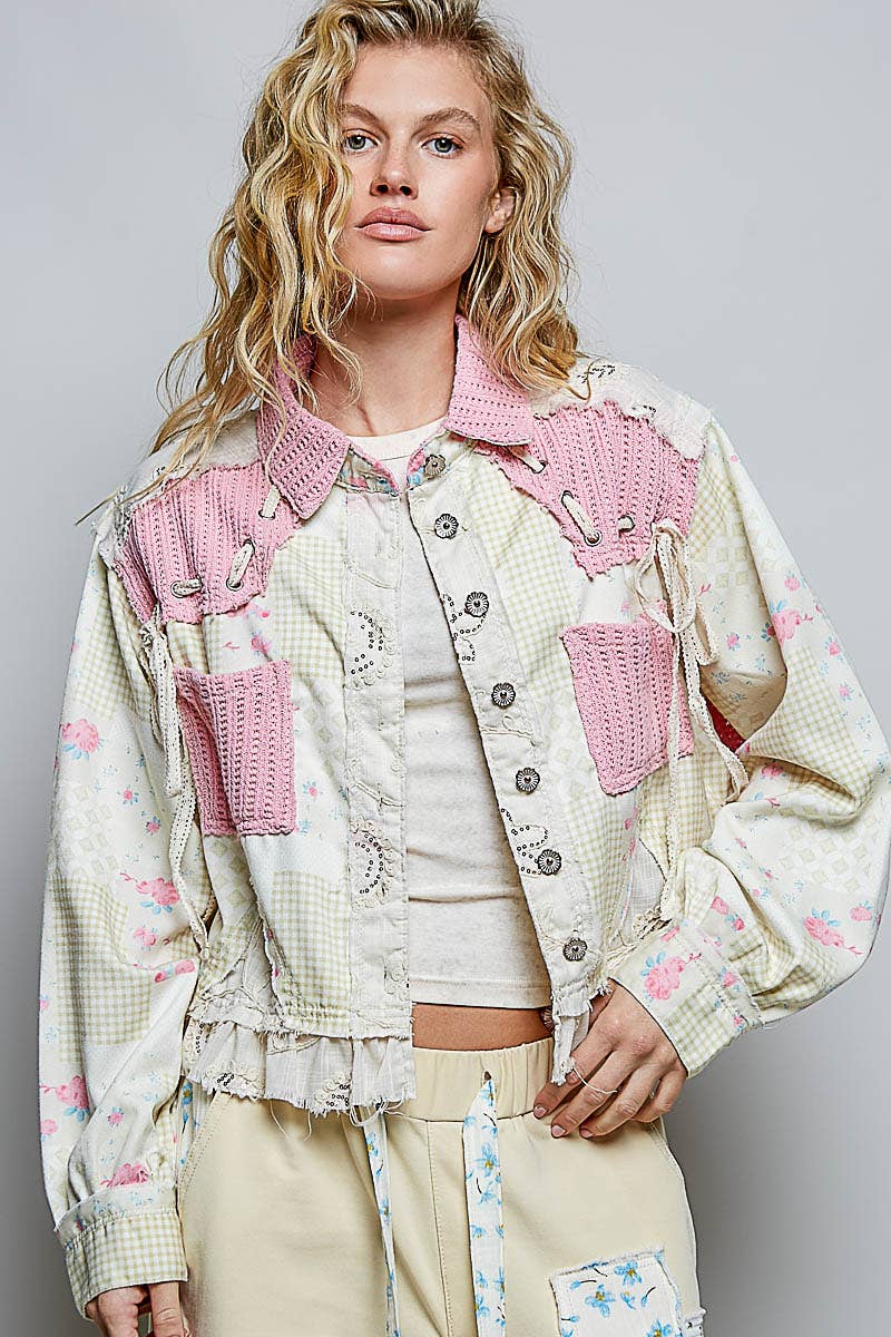 Pol Clothing - Printed Twill Ruffle Hem Lace-Up Cropped Jacket