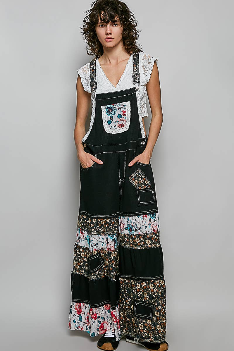 Pol Clothing - Feminine Mixed Printed Fabric Ruffle Wide Leg Overall