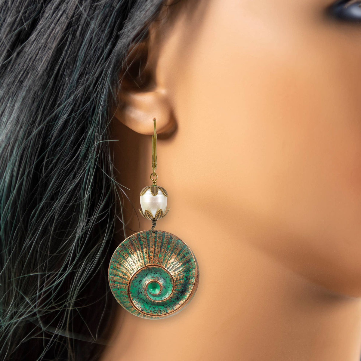 NoMonet - Tropical Vacation: Ammonite Spiral Shell and Pearl Earrings