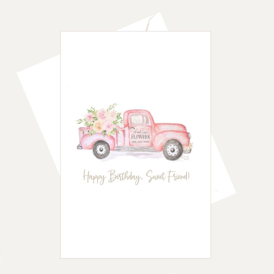 Bellflower Girl - Happy Birthday Sweet Friend - Pink Pickup Flower Truck Card