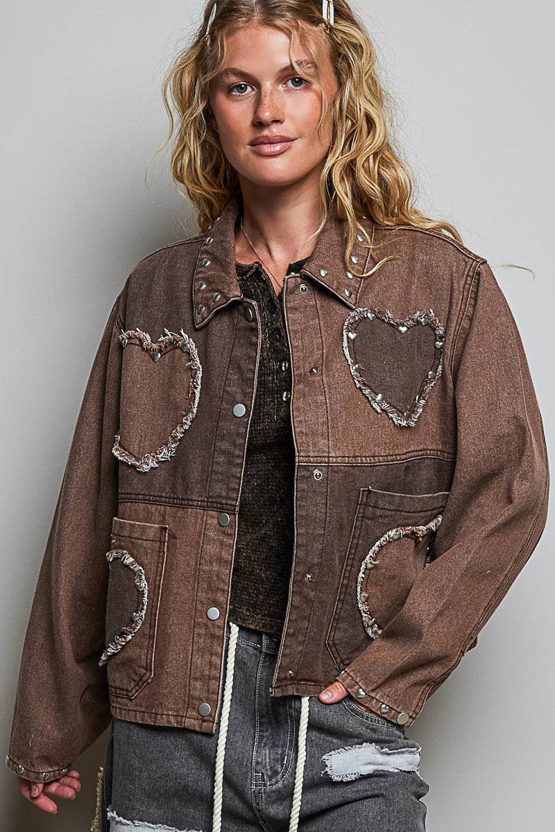 Pol Clothing - Heart-Shaped Patch Pockets Texture Stud Collar Woven Jacket