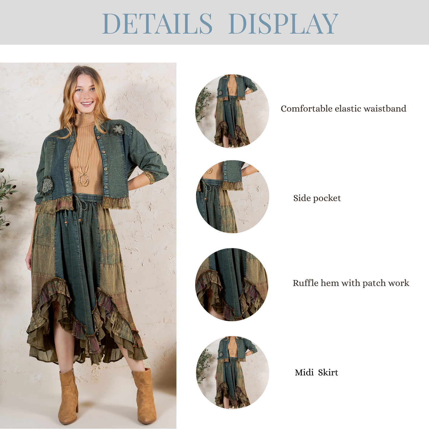 Young Threads - Western Boho Chic: Patchwork Midi Skirt