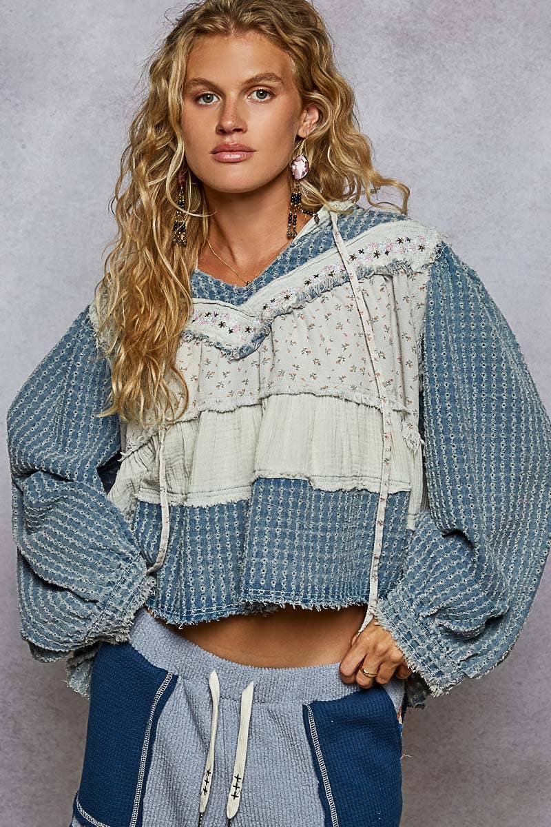 Pol Clothing - Balloon Sleeve Textured Denim Twill Patch Ruffle Hoodie Top