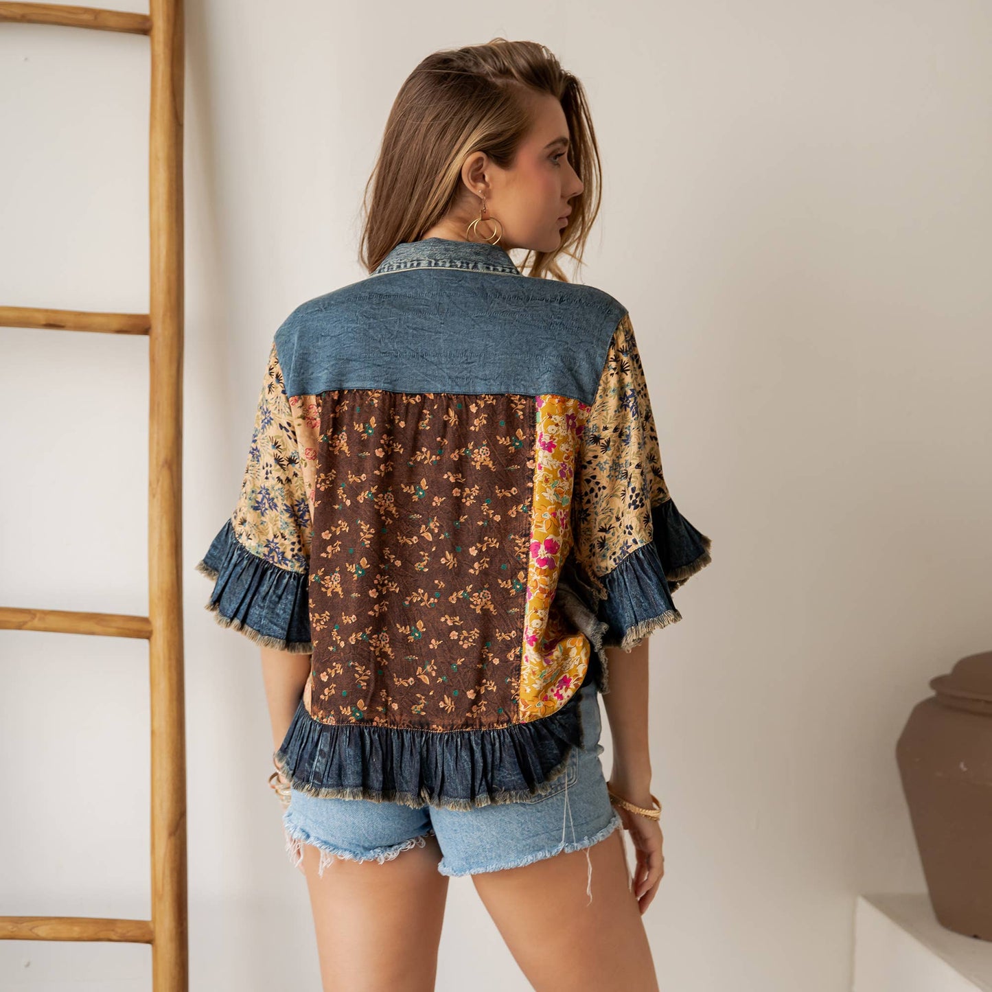 Young Threads - Distressed Denim Crop Jacket with Ruffled Hem