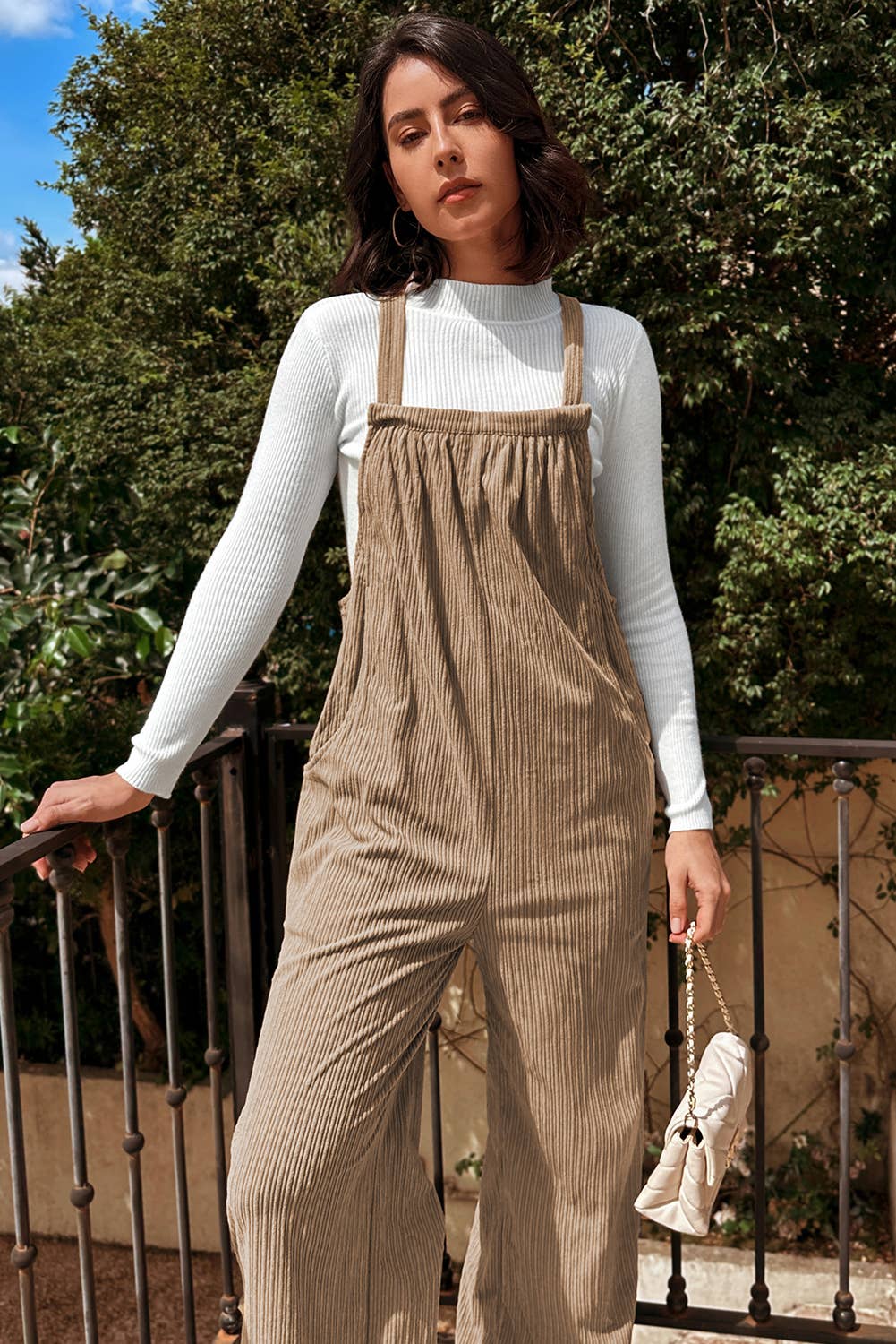 1 the Woman - Morn Solid Pocketed Loose Fit Corduroy Overall