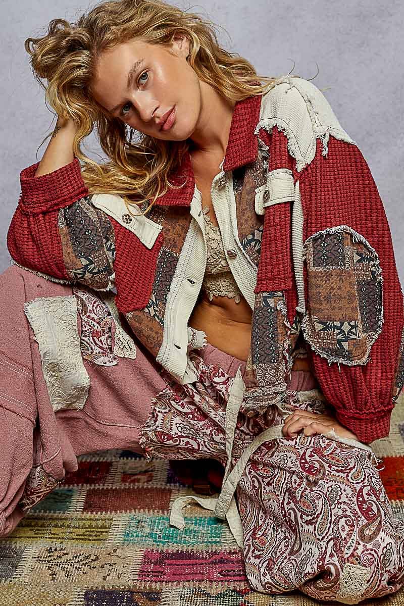 Pol Clothing - Balloon Sleeve Contrast Paisley Pattern Cropped Knit Jacket
