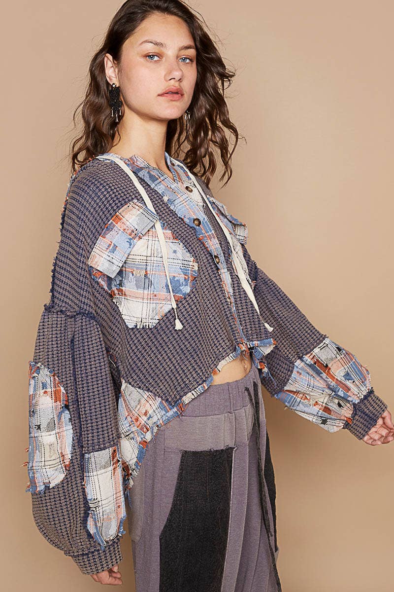 Pol Clothing - Balloon sleeve plaid contrast hooded knit jacket