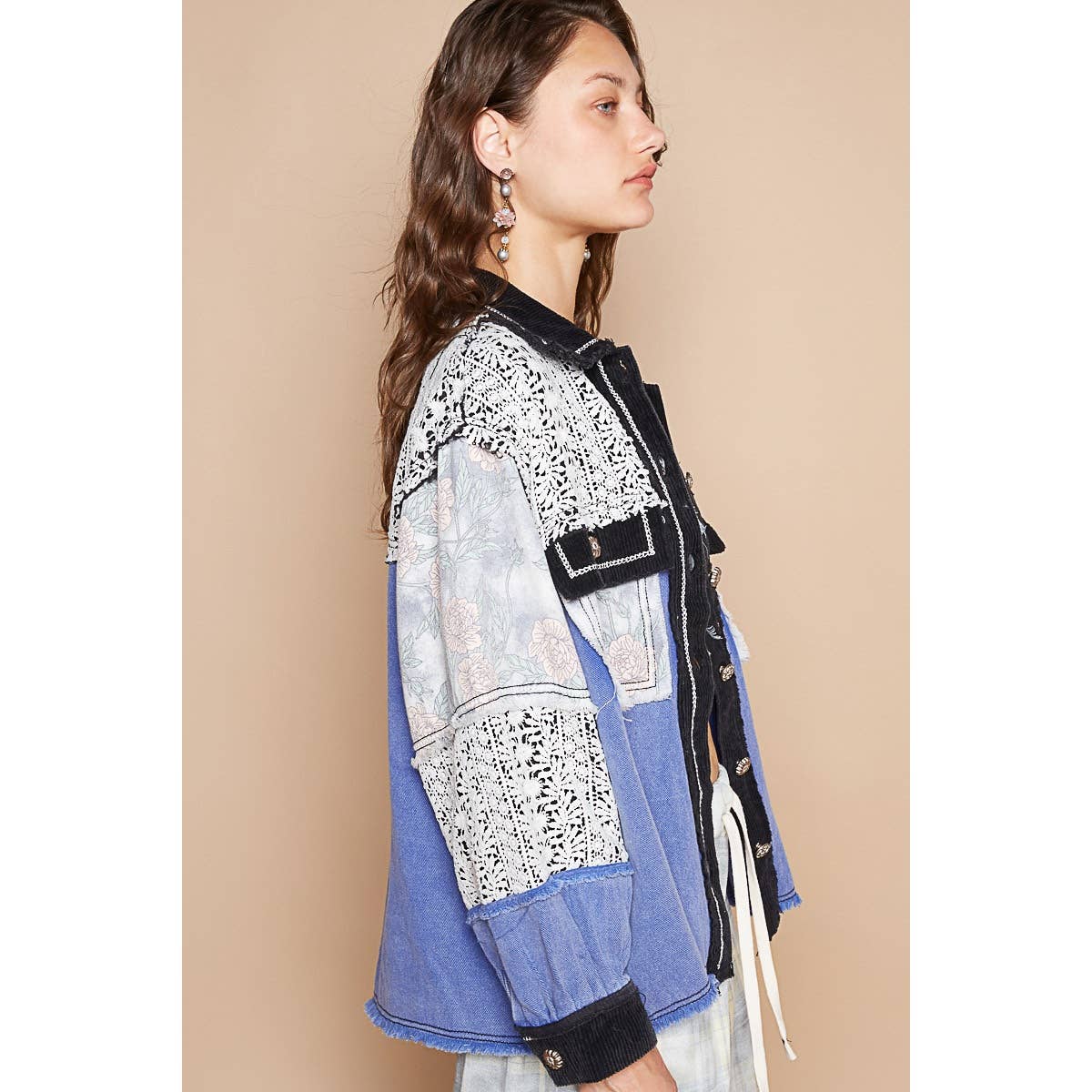 Pol Clothing - Vintage washed crochet contrast twill jacket