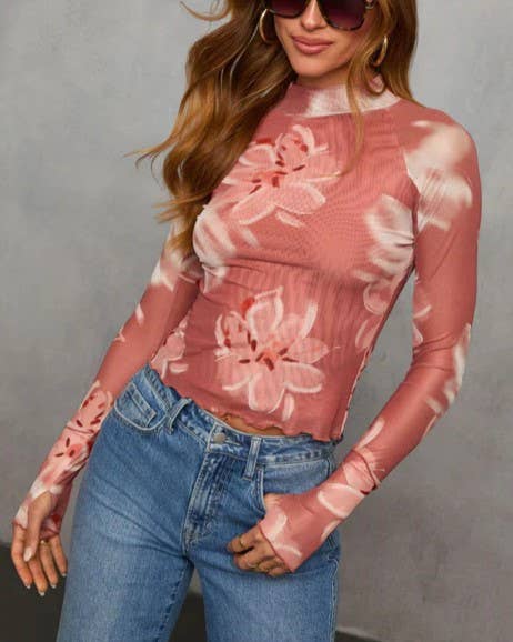 Rosa Clothing - Floral Lettuce Trim Mesh Mock Neck Lining Top