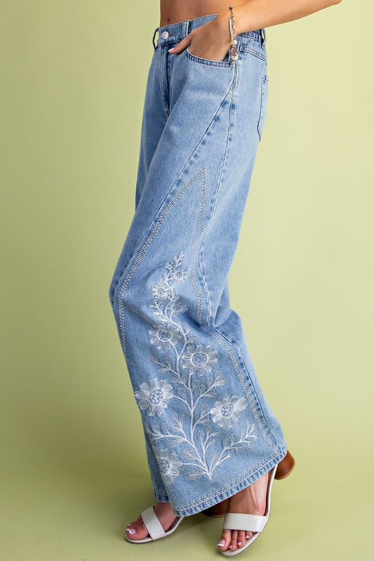 Washed Denim Embroidery Jeans