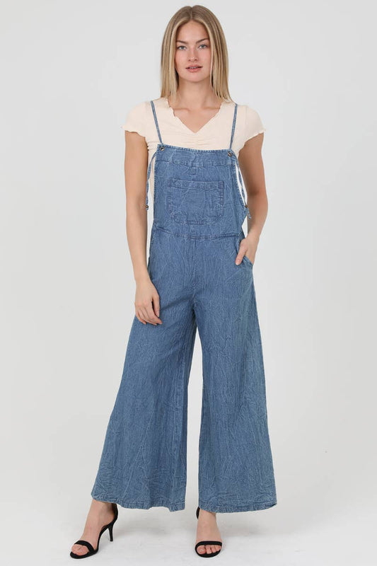 ANGIE - B5A51-ASIS DENIM FLARE LEG OVERALLS JUMPSUIT