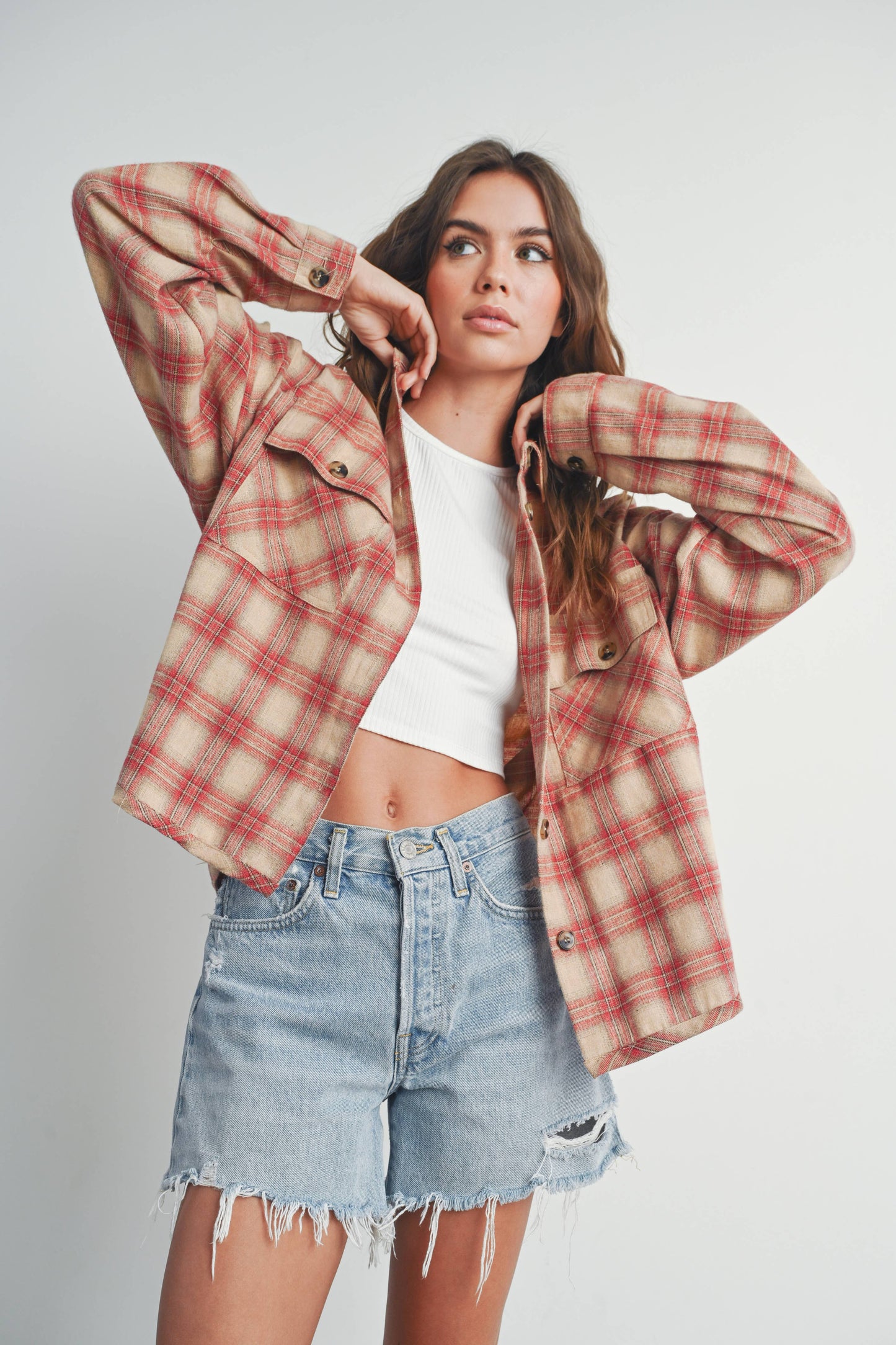 BUTTERMELON - Plaid Long-Sleeve Shirt Jacket - BMJ7328