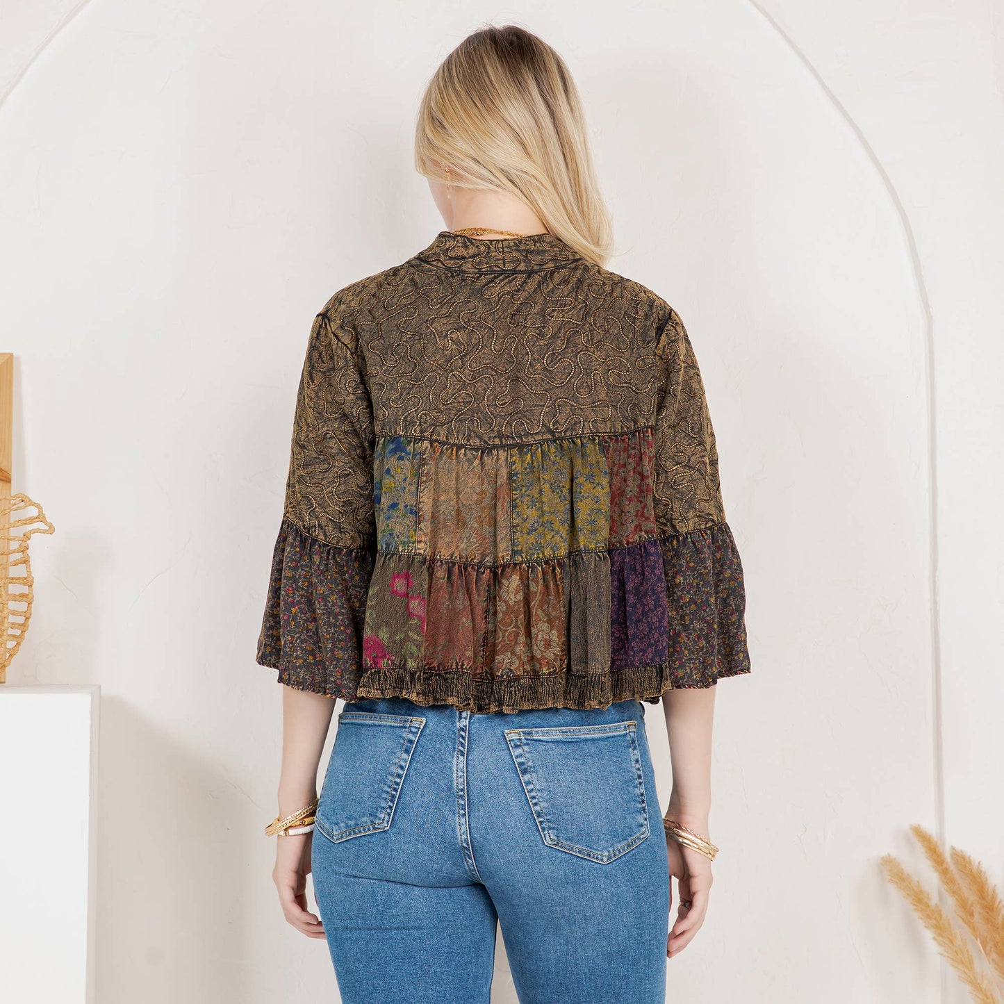 Young Threads - Lapel Detail Cropped Top with Handcrafted Boho Embroidery
