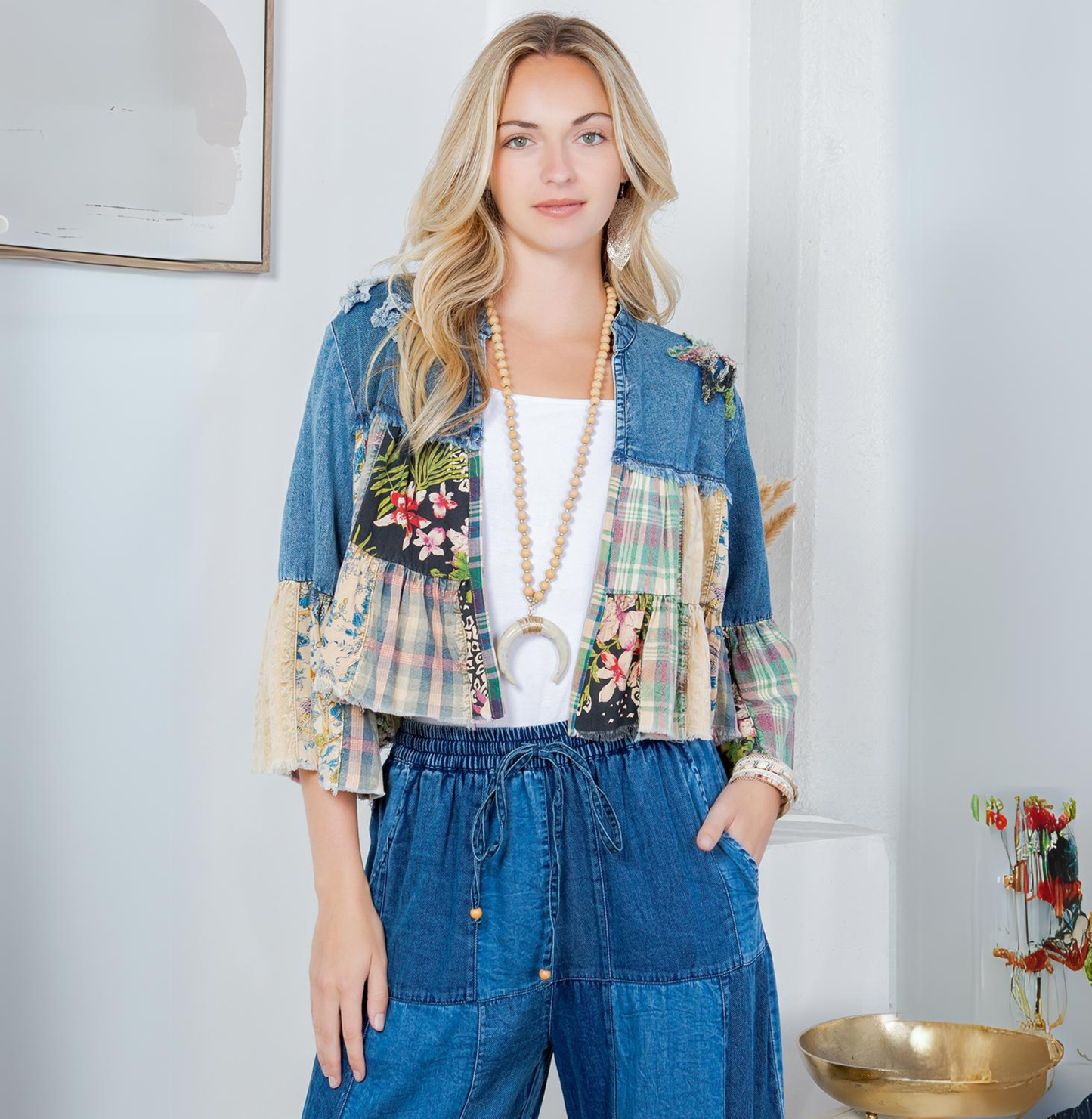 Young Threads - Tiered Patchwork Denim Cropped Shrug with Pants -Sold As Set