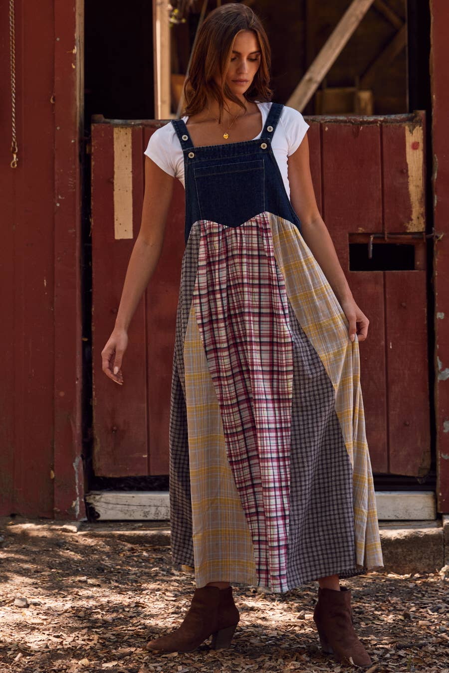 Oddi - Patchwork Plaid Overall Dress