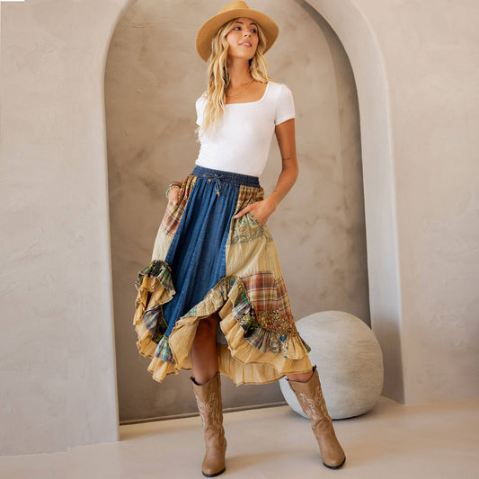 Young Threads - Western Boho Chic: Patchwork Midi Skirt