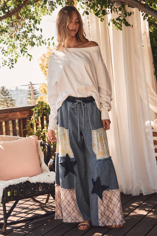 Oddi - Mixed Fabric Patchwork Wide Leg Pants