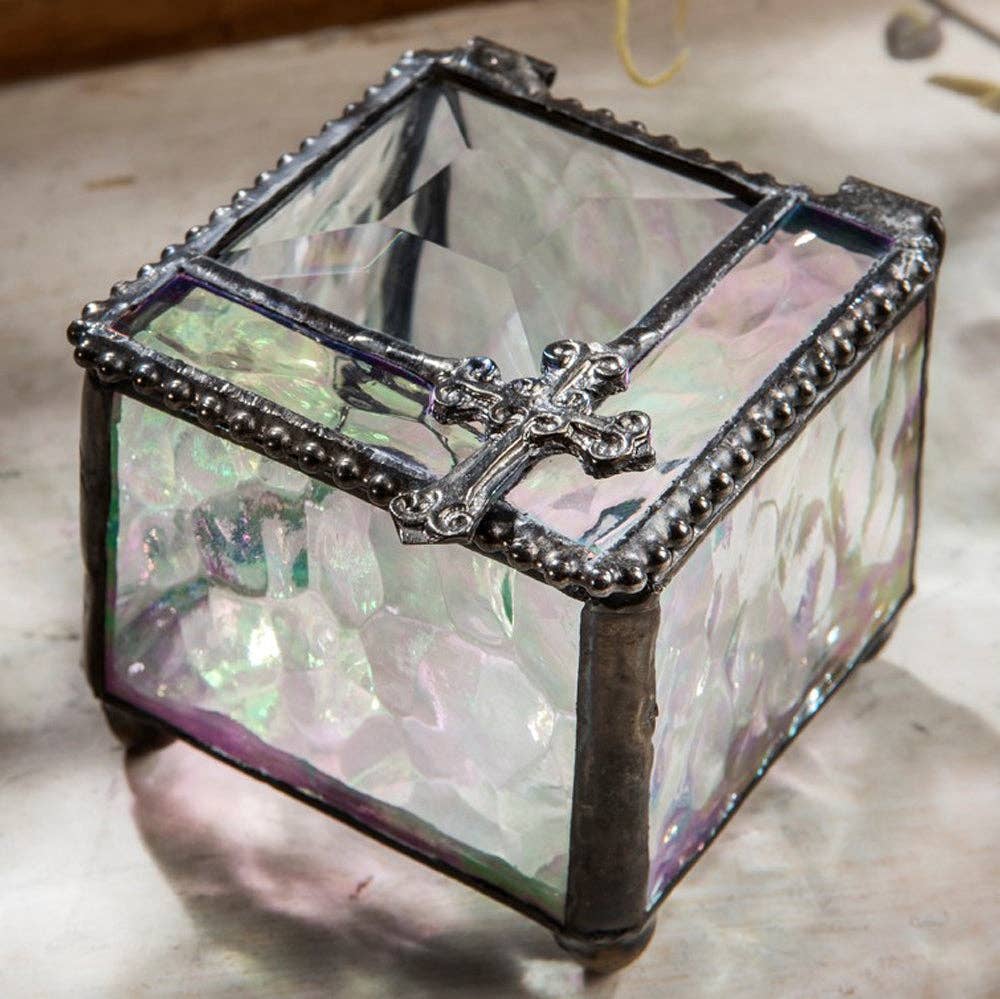 J Devlin Glass Art & Bert Anderson Collection - Iridescent Glass Box with Cross | Faith Keepsake – J Devlin