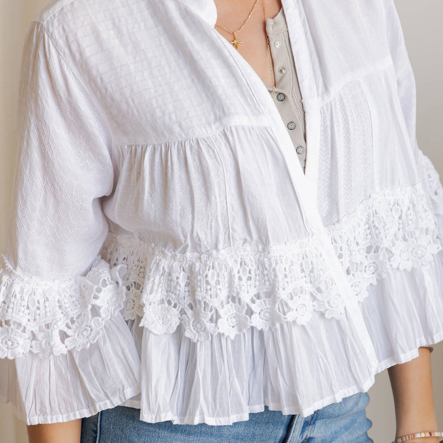 Young Threads - Mineral Wash Tiered Crochet Lace Open Front Shrug - 3 Colors