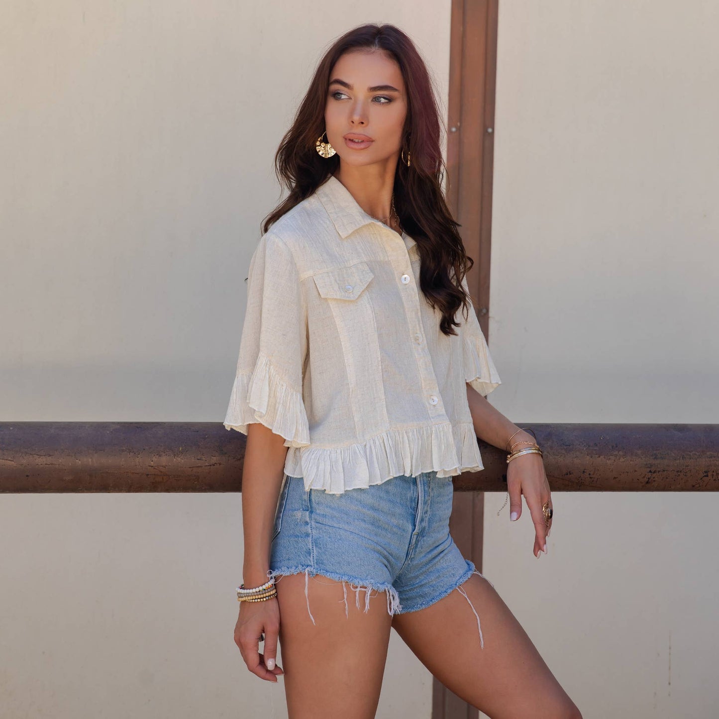 Young Threads - Distressed Denim Crop Jacket with Ruffled Hem