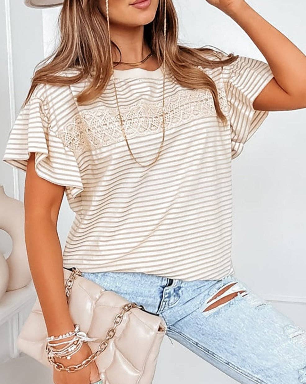 ShopLalaLoo - Stripe Ruffle Sleeve T-Shirt