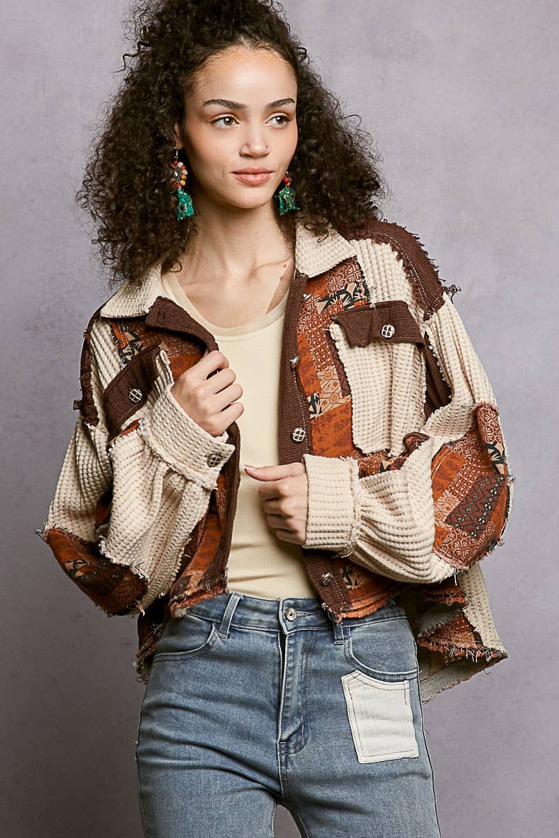 Pol Clothing - Balloon Sleeve Contrast Paisley Pattern Cropped Knit Jacket