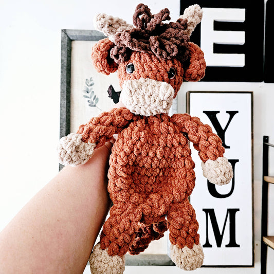 The Lumber Creek Co - Crochet Highland Cow Snuggler Lovey Infant Baby Toddler Toy