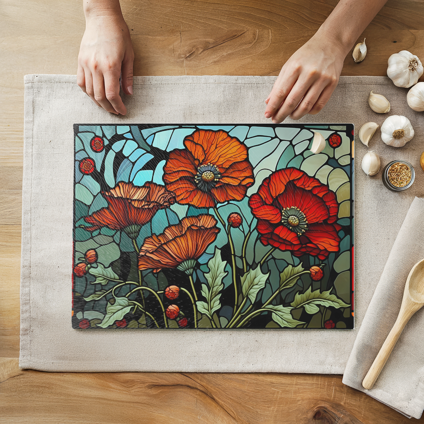 Fernville Creations - Tempered Glass Cutting Board: Poppy Charcuterie Tray (1)