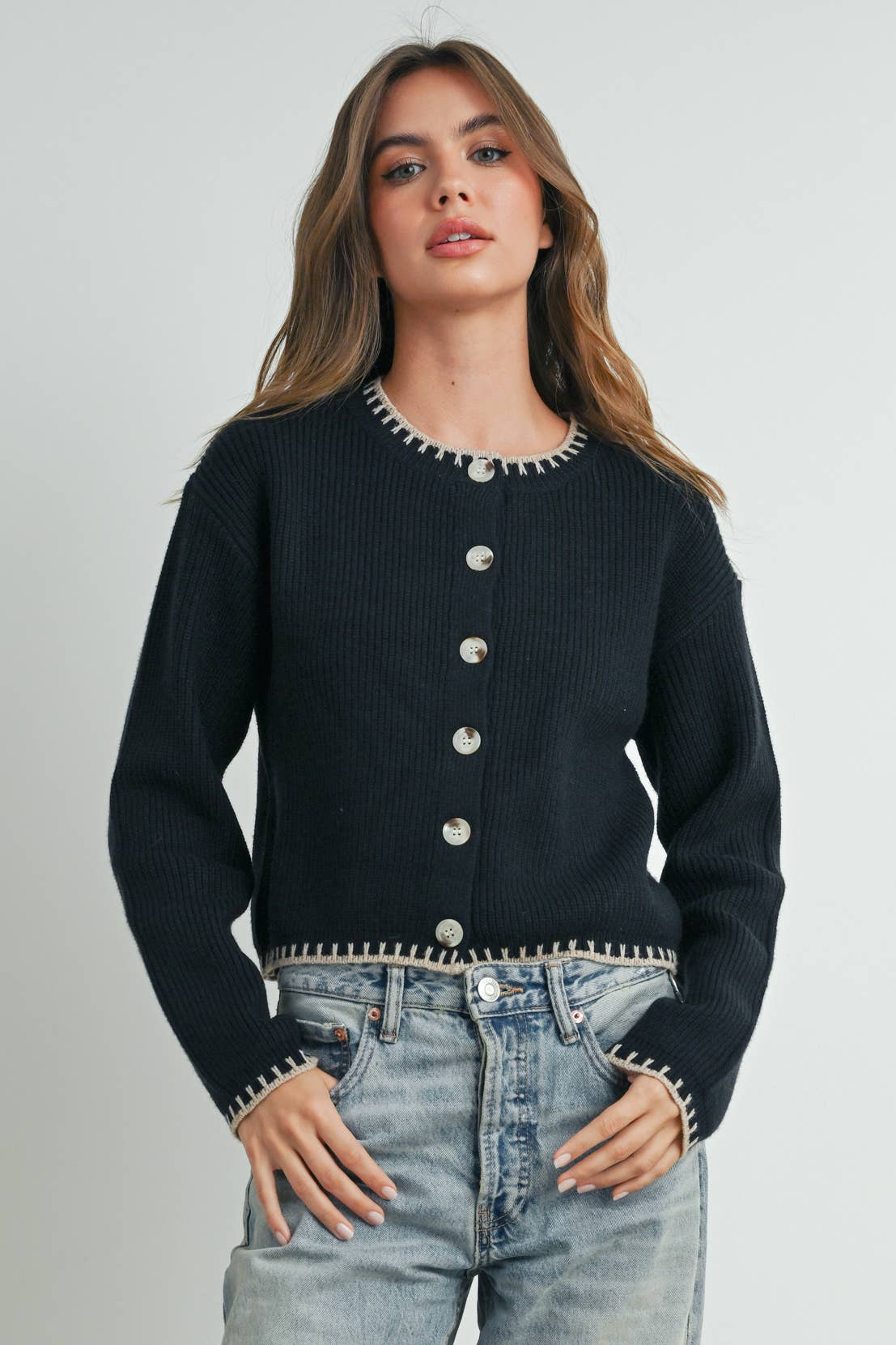 BUTTERMELON - Women's Crewneck Cardigan Sweater - BMC7526